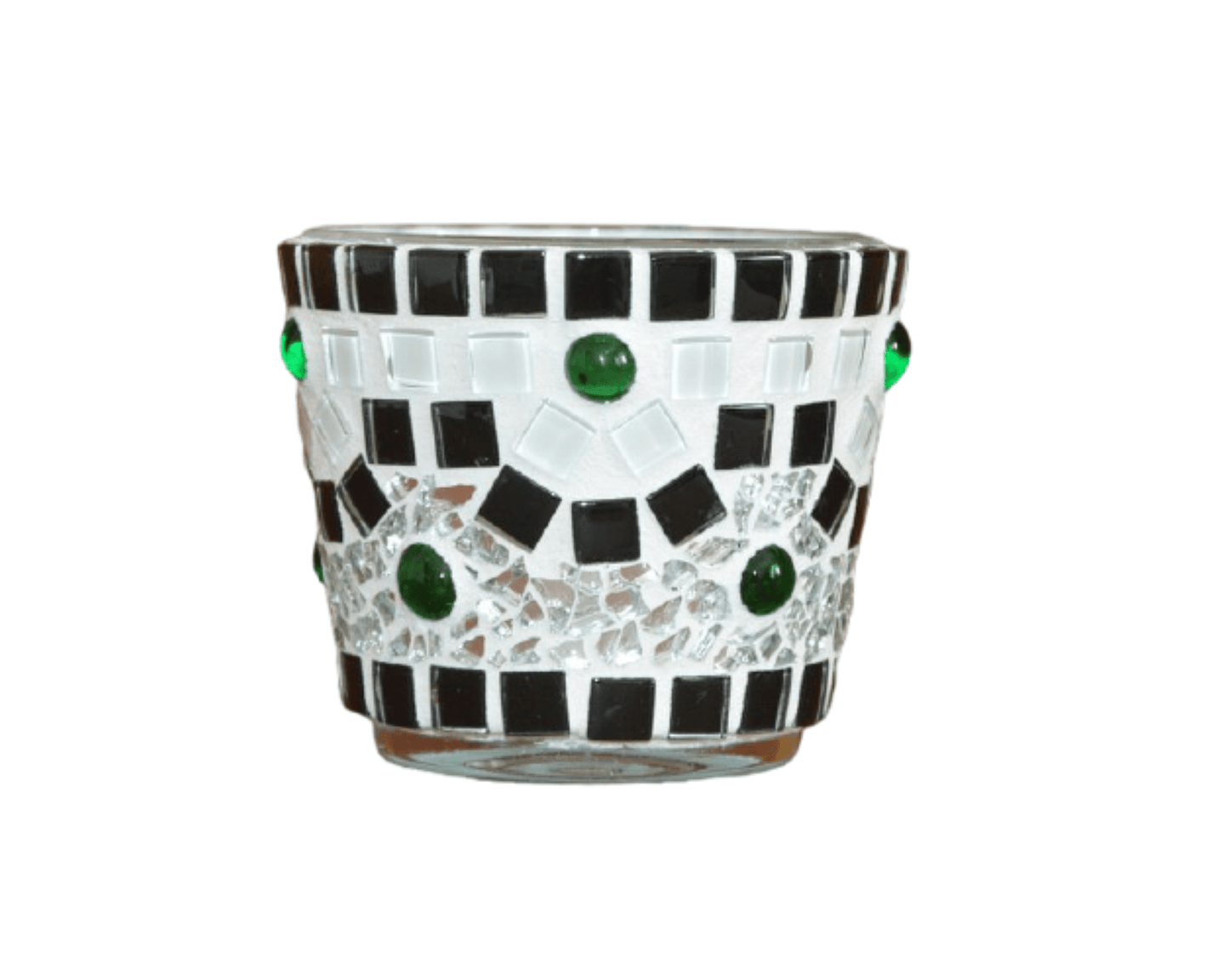 Handgemachtes Windlicht schwarz weiß grün 8 cm hoch - Mosaikkasten aus alt mach neu dekoidee