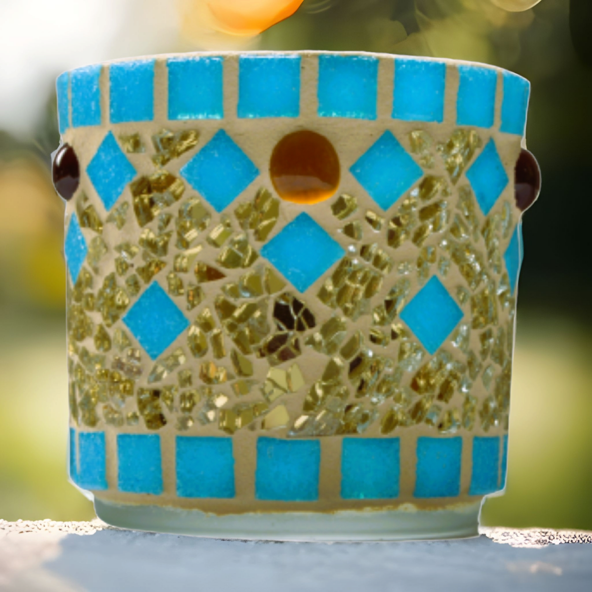 Mosaik Windlicht türkis gold 7 cm hoch - handgemacht - Mosaikkasten aus alt mach neu dekoidee