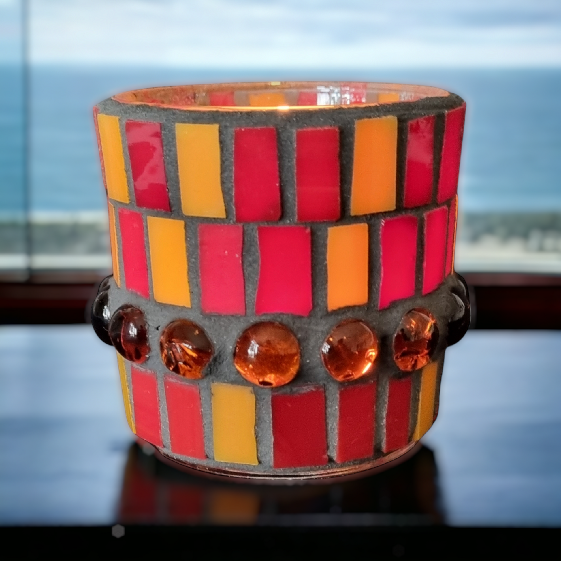 Mosaik Windlicht Tiffany rot orange 7 cm - Mosaikkasten abverkauf aus alt mach neu