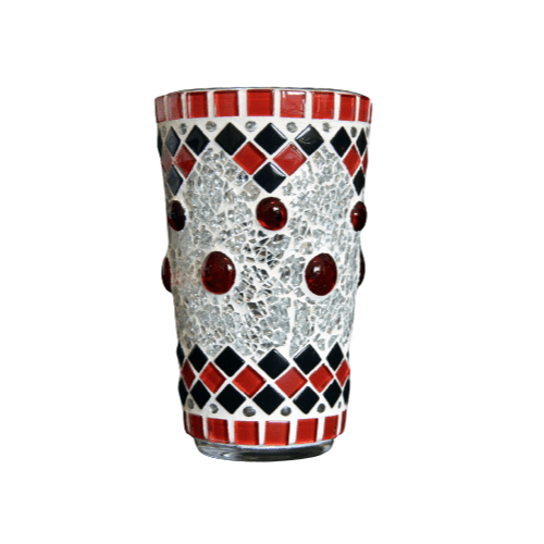 Handgemachtes Mosaik Windlicht rot schwarz silber 14 cm hoch - Mosaikkasten advent aus alt mach neu