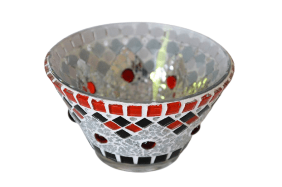 Handgemachtes Mosaik Windlicht rot schwarz silber 80 mm hoch - Mosaikkasten aus alt mach neu dekoidee