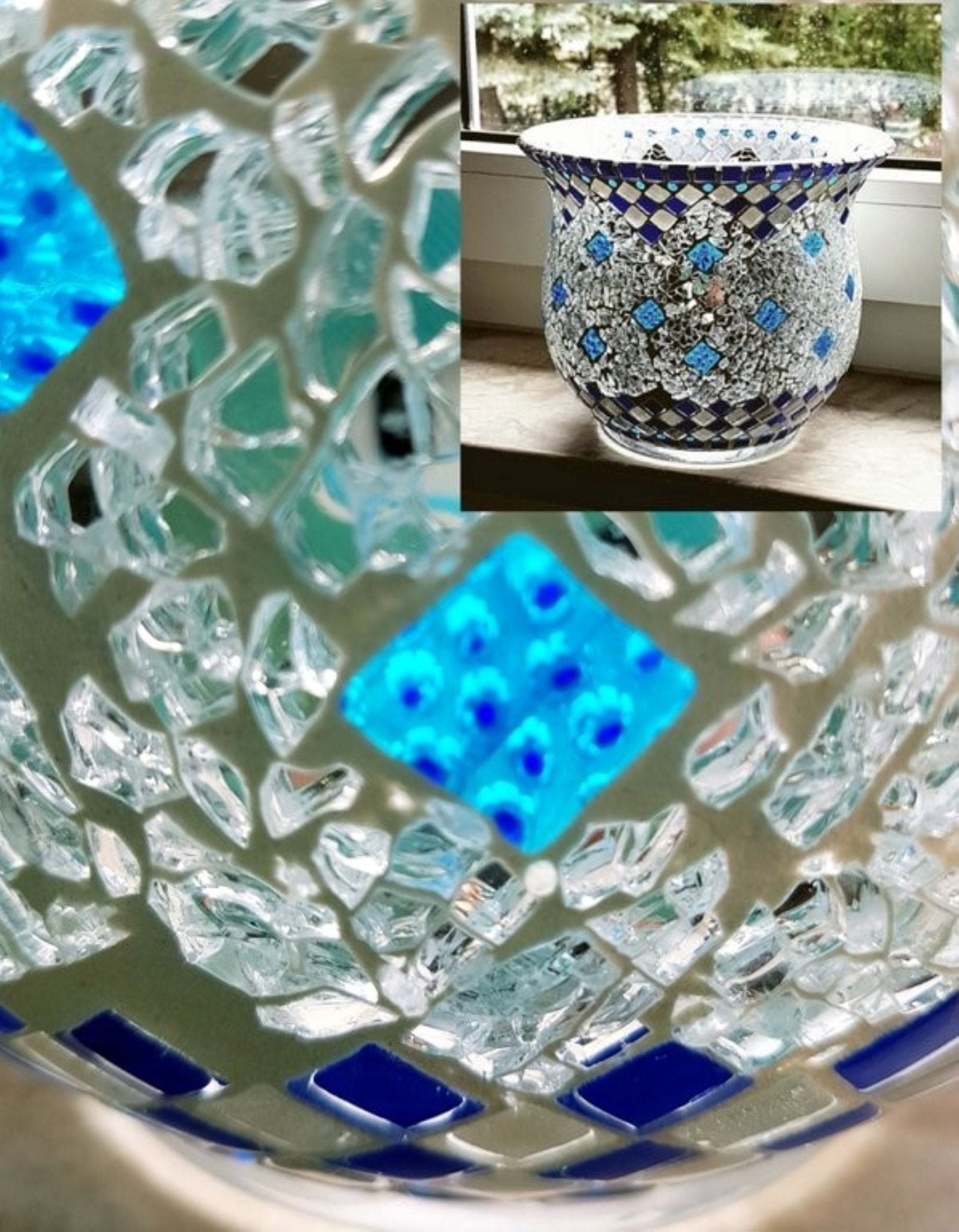 Handgemachtes Windlicht in blau und silber 17 cm hoch - Einzelstück - Mosaikkasten aus alt mach neu blau