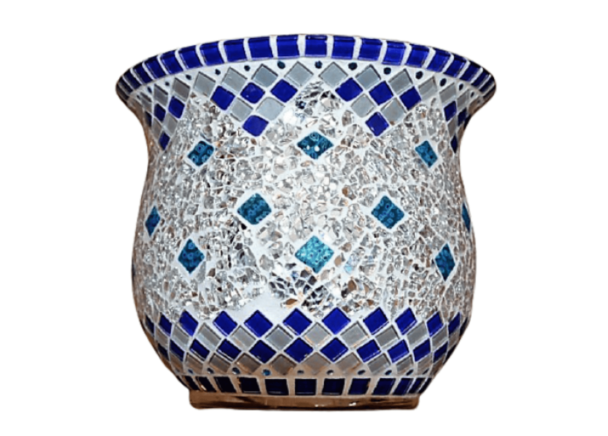 Handgemachtes Windlicht in blau und silber 17 cm hoch - Einzelstück - Mosaikkasten aus alt mach neu blau