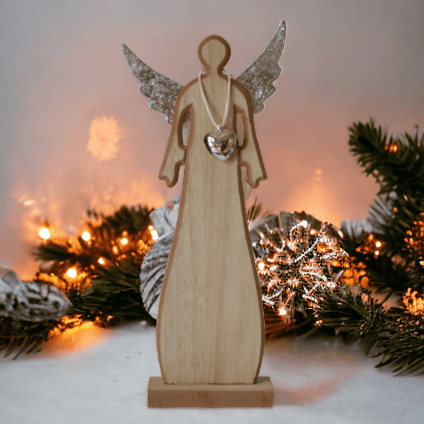 Holz Engel mit Herz natur 41 cm hoch - Weihnachtsengel Weihnachtsdeko Adventsdeko - Mosaikkasten Advent Adventsdeko