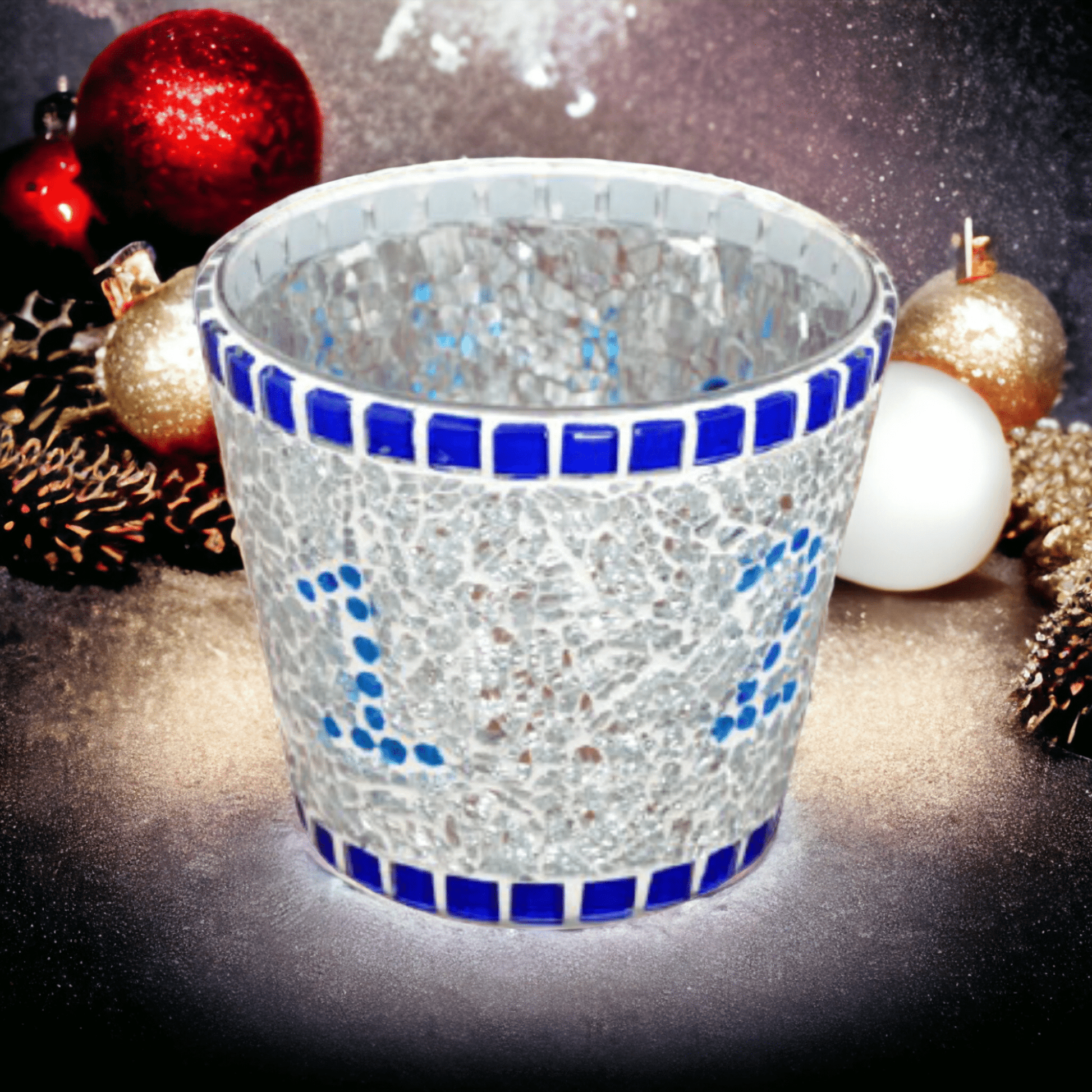 Mosaik Advent Windlicht blau silber 11 cm hoch - handgemacht - Mosaikkasten Advent aus alt mach neu