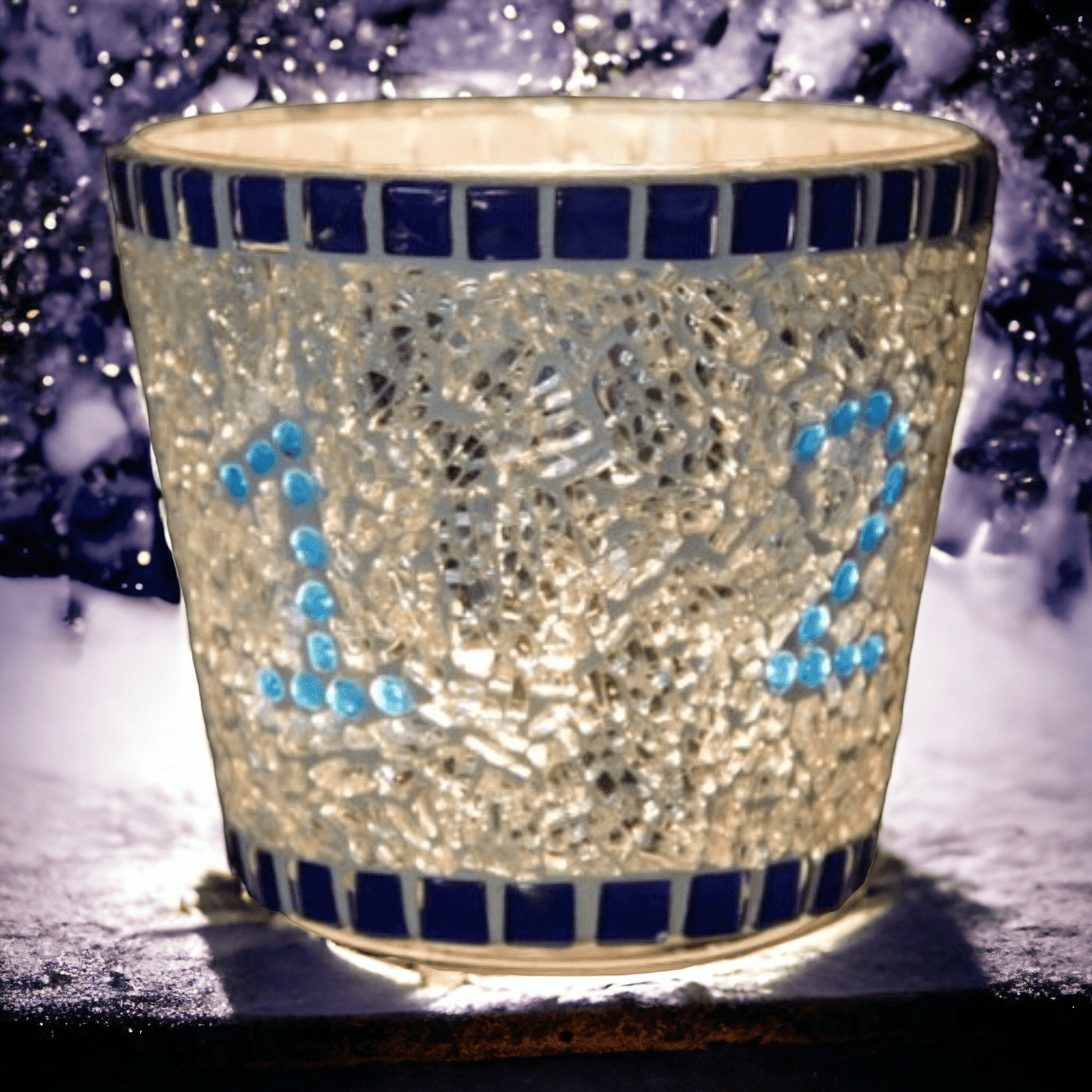 Mosaik Advent Windlicht blau silber 11 cm hoch - handgemacht - Mosaikkasten Advent aus alt mach neu