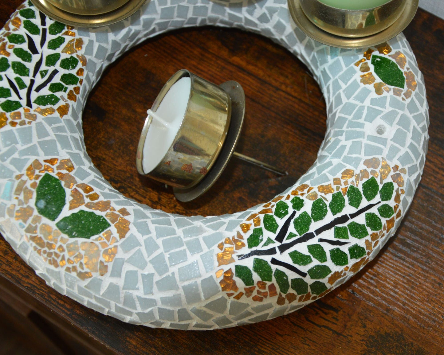 Mosaik Adventskranz 25 cm Durchmesser grau grün gold - handgemacht - Mosaikkasten Advent Adventsdeko