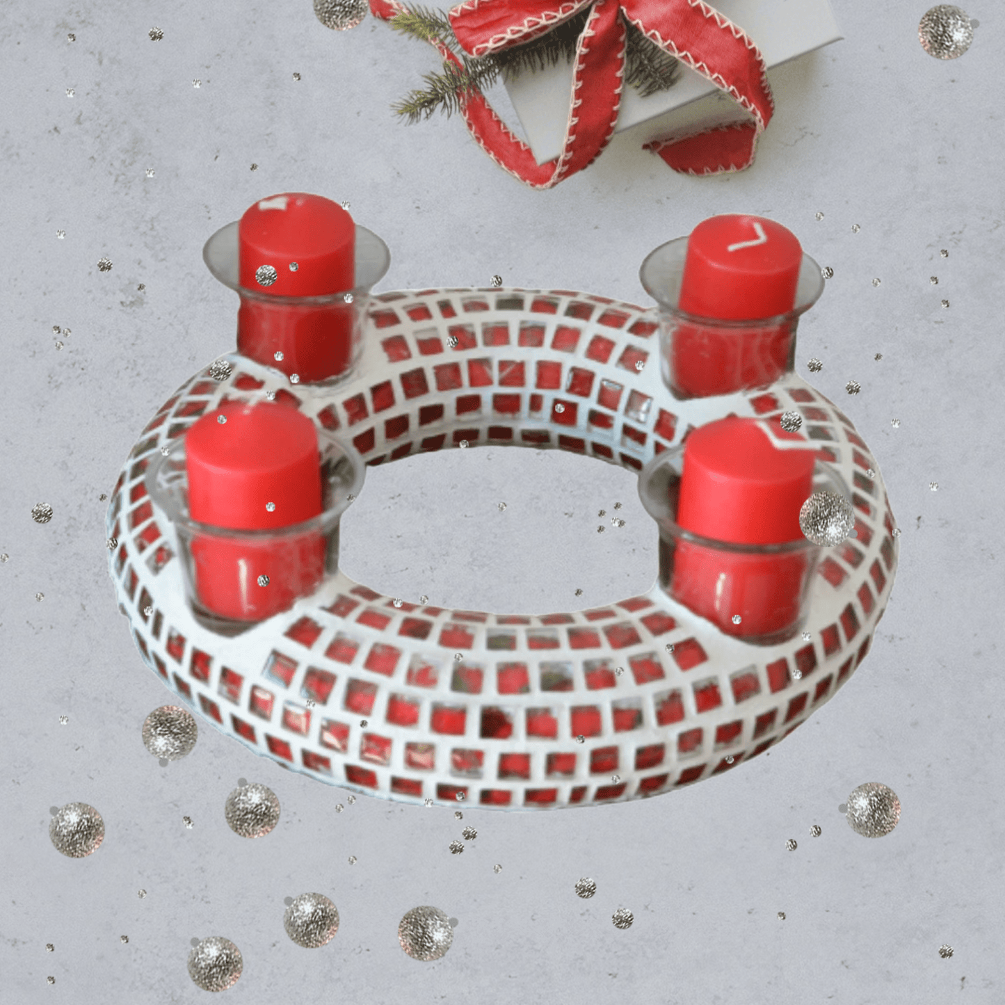 Mosaik Adventskranz 25 cm Durchmesser rot - handgemacht - Mosaikkasten Advent Adventsdeko