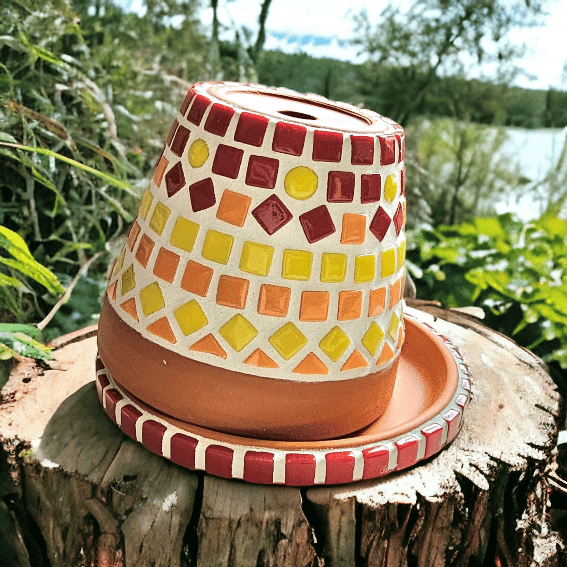 Mosaik Aschenbecher rot orange gelb 10 cm - handgemacht Sturmaschenbecher - Mosaikkasten aschenbecher Aschenbecher mit Deckel