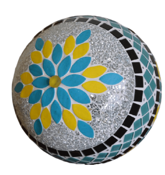 Mosaik Rosenkugel gelb türkis spiegel 30 cm - Einzelstück - handgemacht - Dekokugel Gartenkugel - Mosaikkasten deko dekoidee