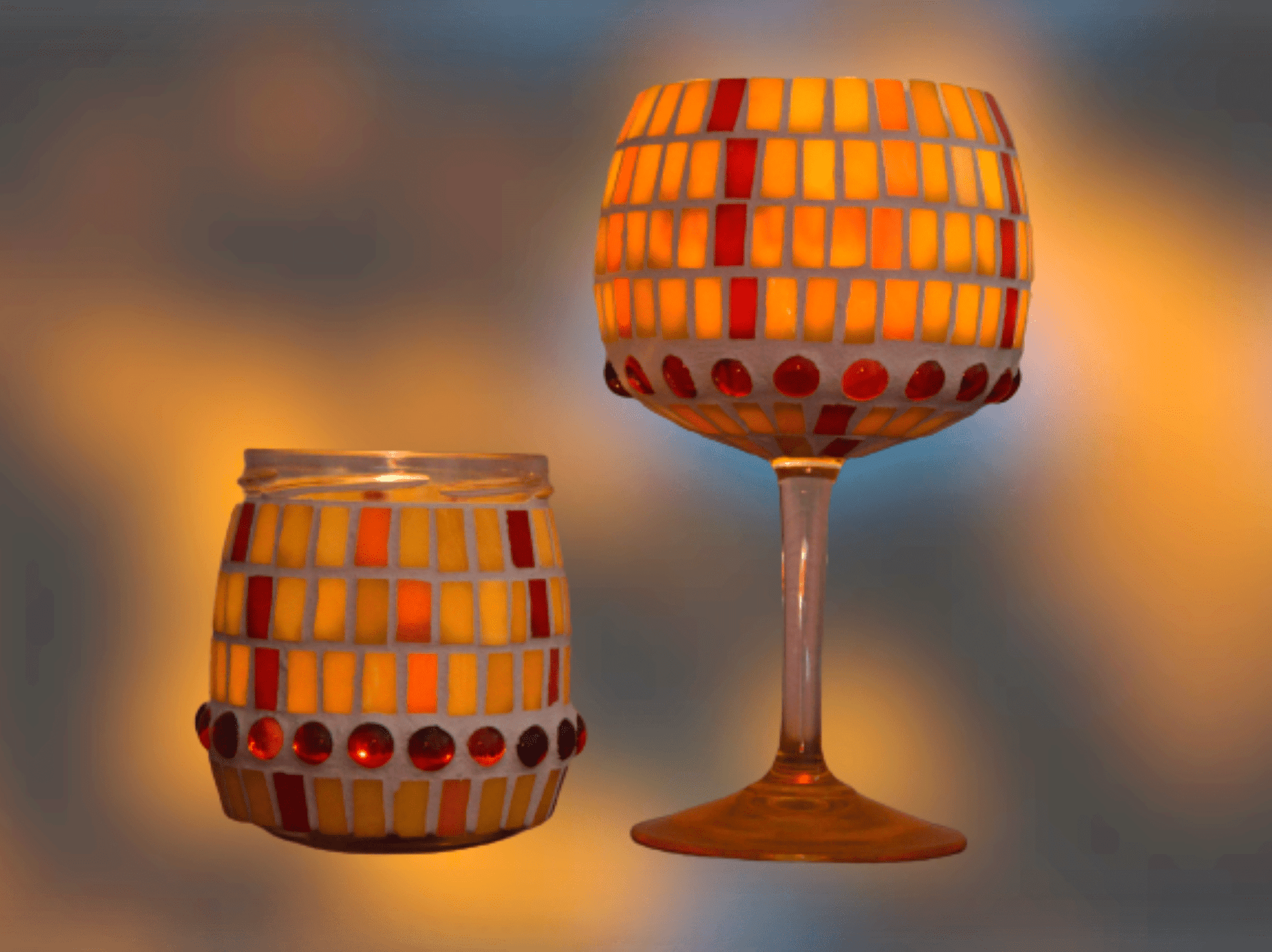 Mosaik Windlicht gelb rot orange 20 cm hoch - Kerzenhalter - Mosaikkasten aus alt mach neu dekoidee