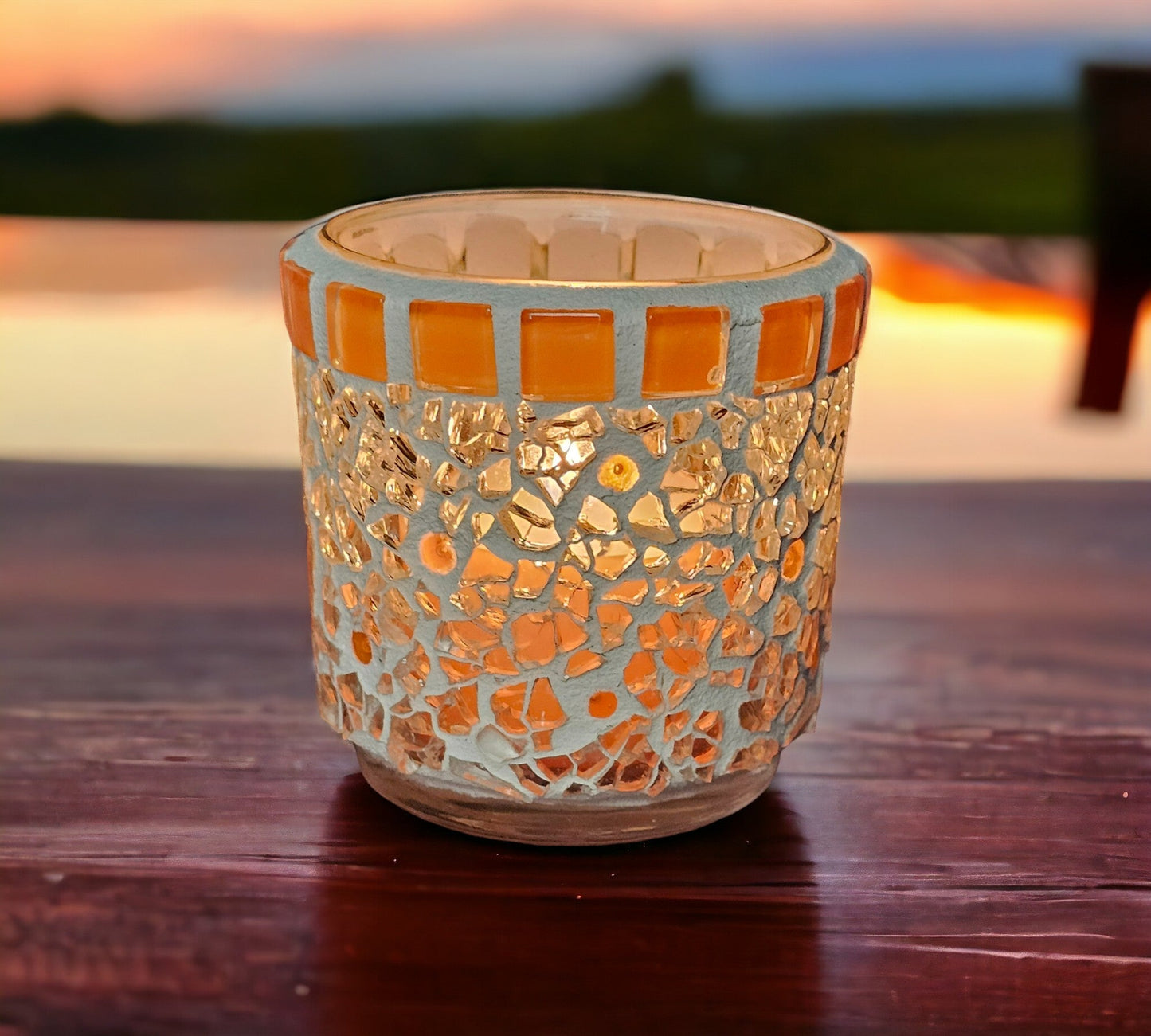Mosaik Windlicht orange transparent 7 cm hoch - handgemacht - Mosaikkasten aus alt mach neu dekoidee