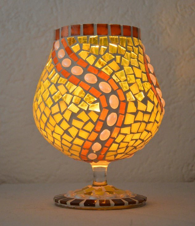 Mosaik Windlicht Perlentraum gelb 17 cm hoch – Einzelstück - handgemacht - upcycling - Mosaikkasten aus alt mach neu braun