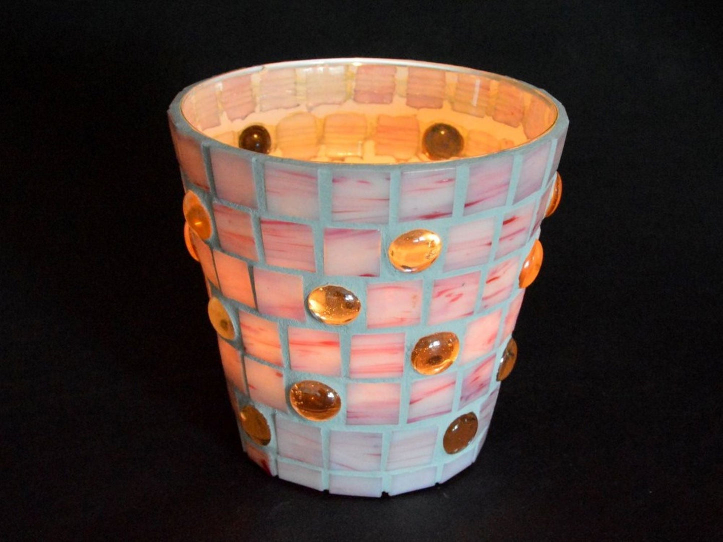 Mosaik Windlicht rosa 14 cm hoch Kerzenhalter Teelichthalter Übertopf Utensilo - Mosaikkasten aus alt mach neu dekoidee