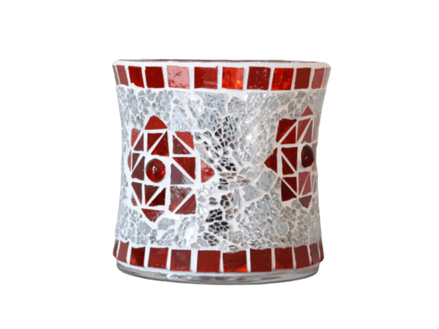 Mosaik Windlicht Stern rot silber in 2 Größen - Mosaikkasten Advent aus alt mach neu