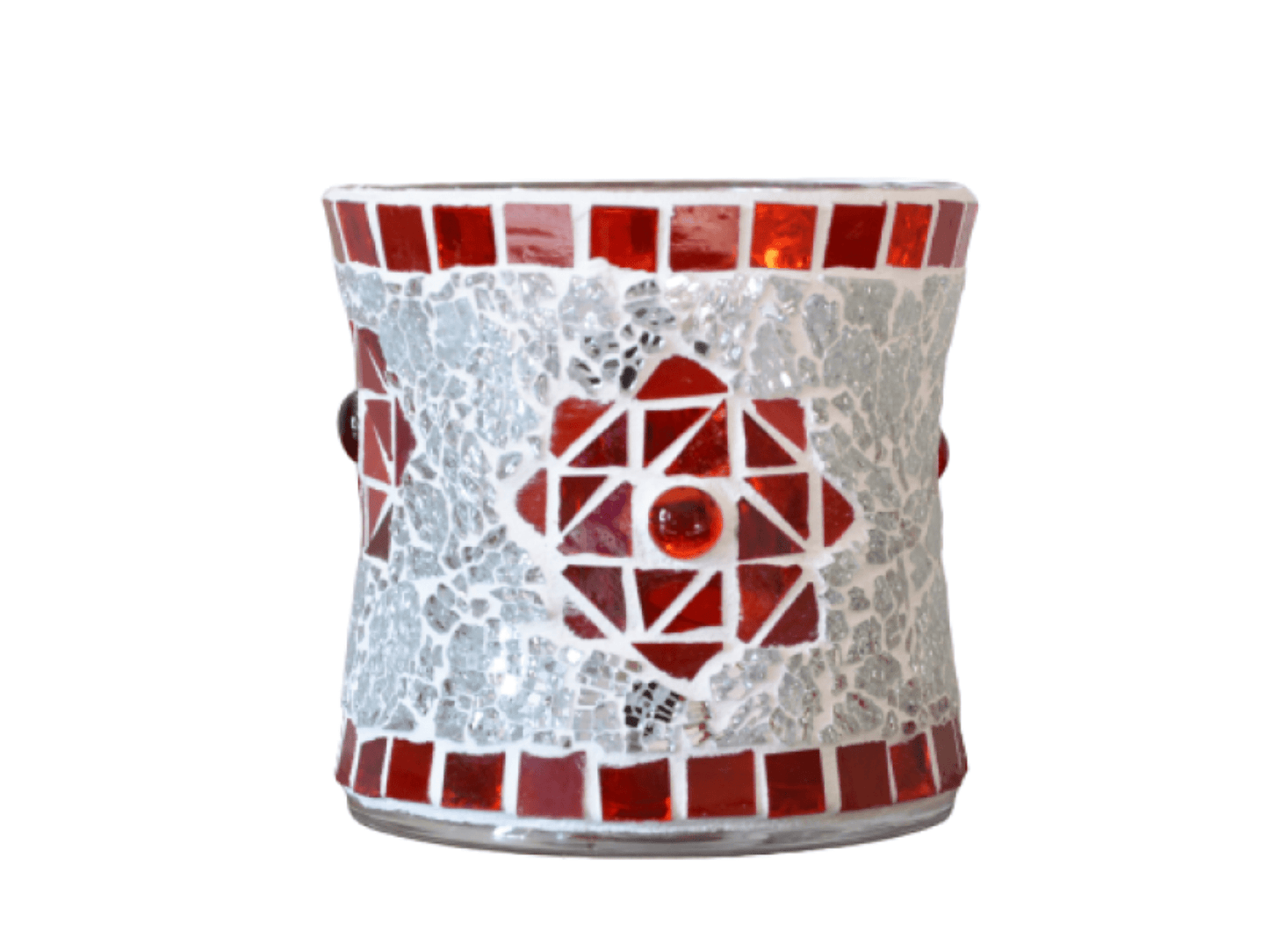 Mosaik Windlicht Stern rot silber in 2 Größen - Mosaikkasten Advent aus alt mach neu