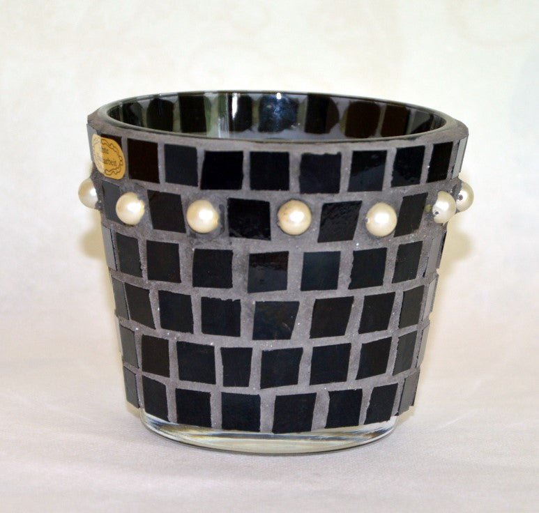 Mosaik Windlicht Tiffany schwarz Perle 8 cm hoch - handgemacht - Mosaikkasten dekoidee handgemacht