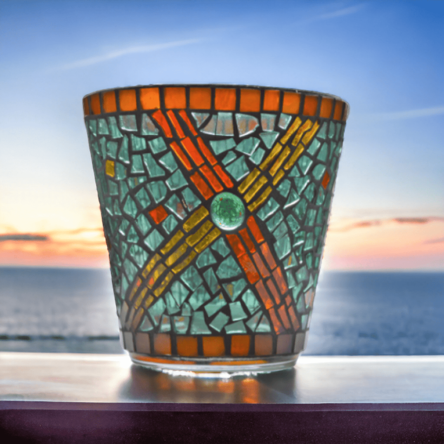 Mosaik Windlicht türkis gelb orange 14 cm hoch - handgemacht - Mosaikkasten aus alt mach neu dekoidee