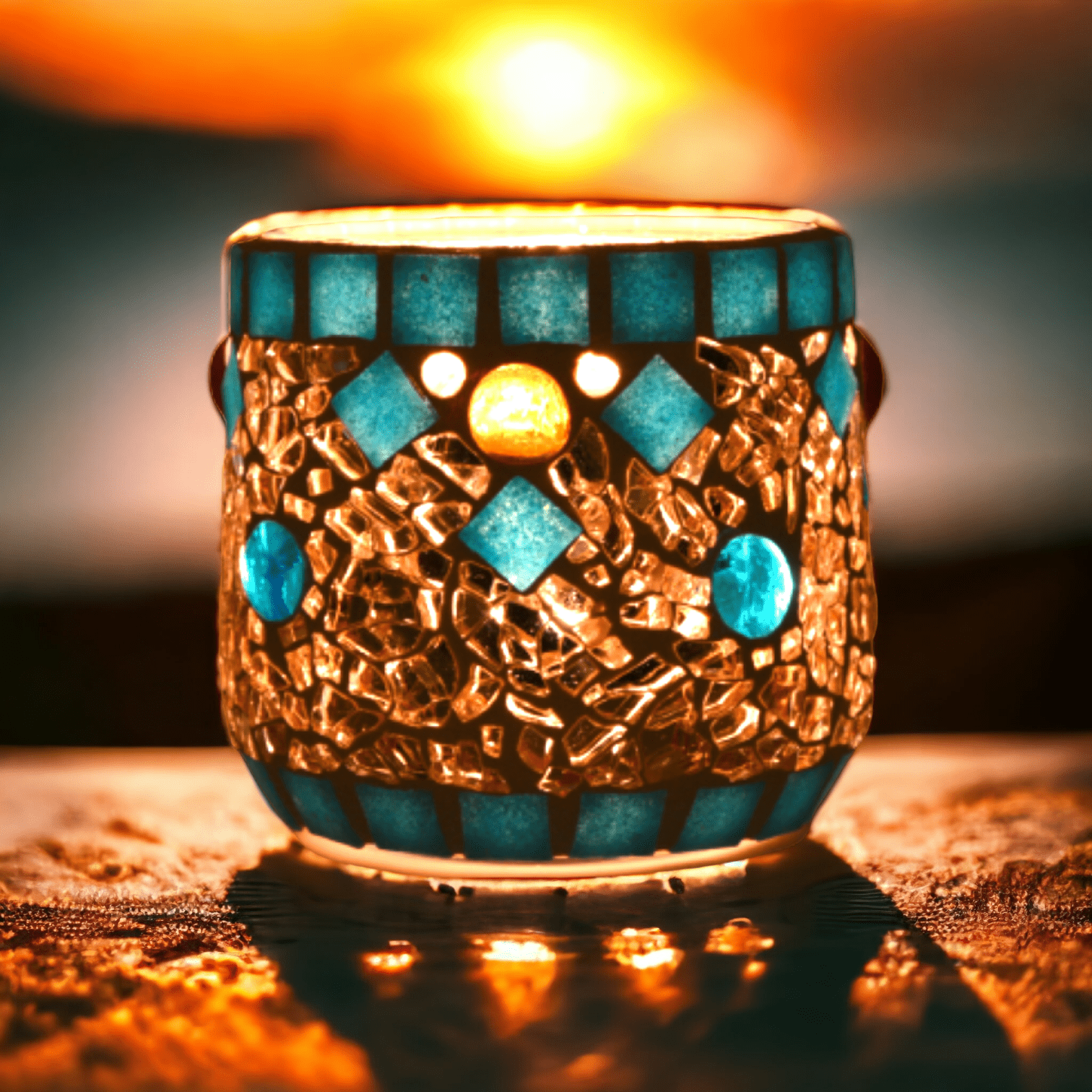 Mosaik Windlicht türkis gold 7 cm hoch - handgemacht - Mosaikkasten abverkauf aus alt mach neu