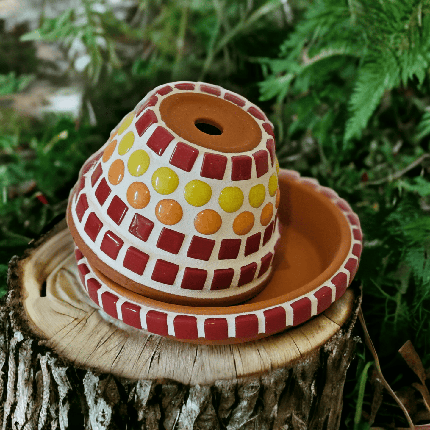 Sturmaschenbecher Blumentopf rot gelb orange 7 cm Gartenaschenbecher - Mosaikkasten aschenbecher Aschenbecher mit Deckel