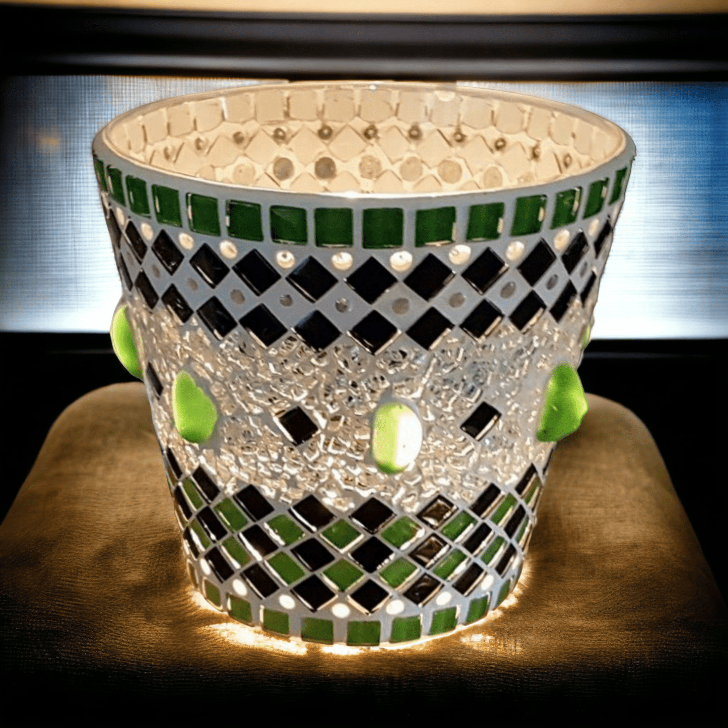 Windlicht grün schwarz spiegel 13 cm hoch - handgemacht - Mosaikkasten aus alt mach neu dekoidee