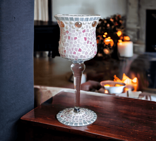 Windlicht Pokal rosa grau 29 cm hoch handmade handgemacht - Mosaikkasten