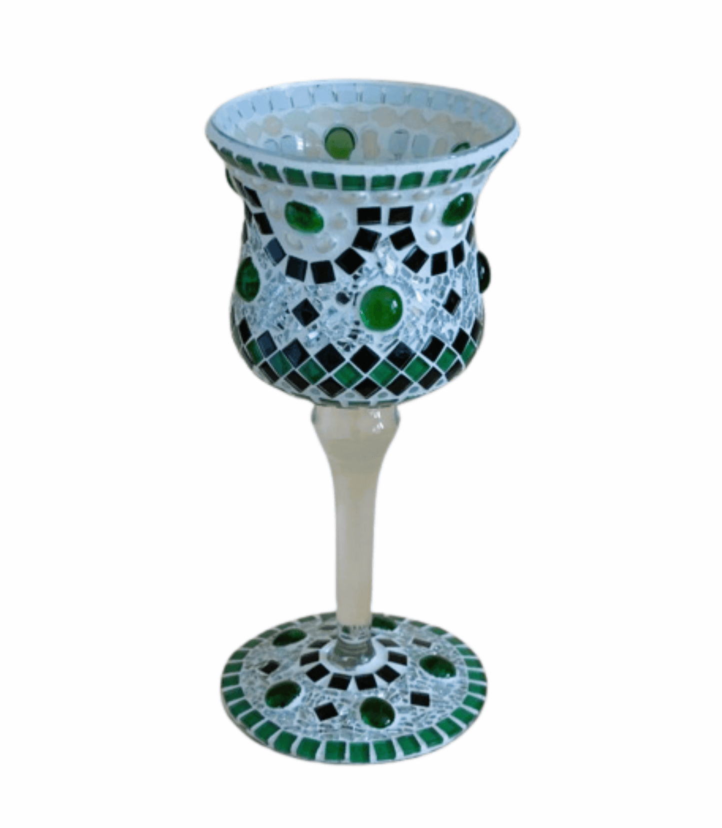 Windlicht Pokal rot/grün schwarz silber 29 cm hoch - handgemacht - Mosaikkasten aus alt mach neu dekoidee